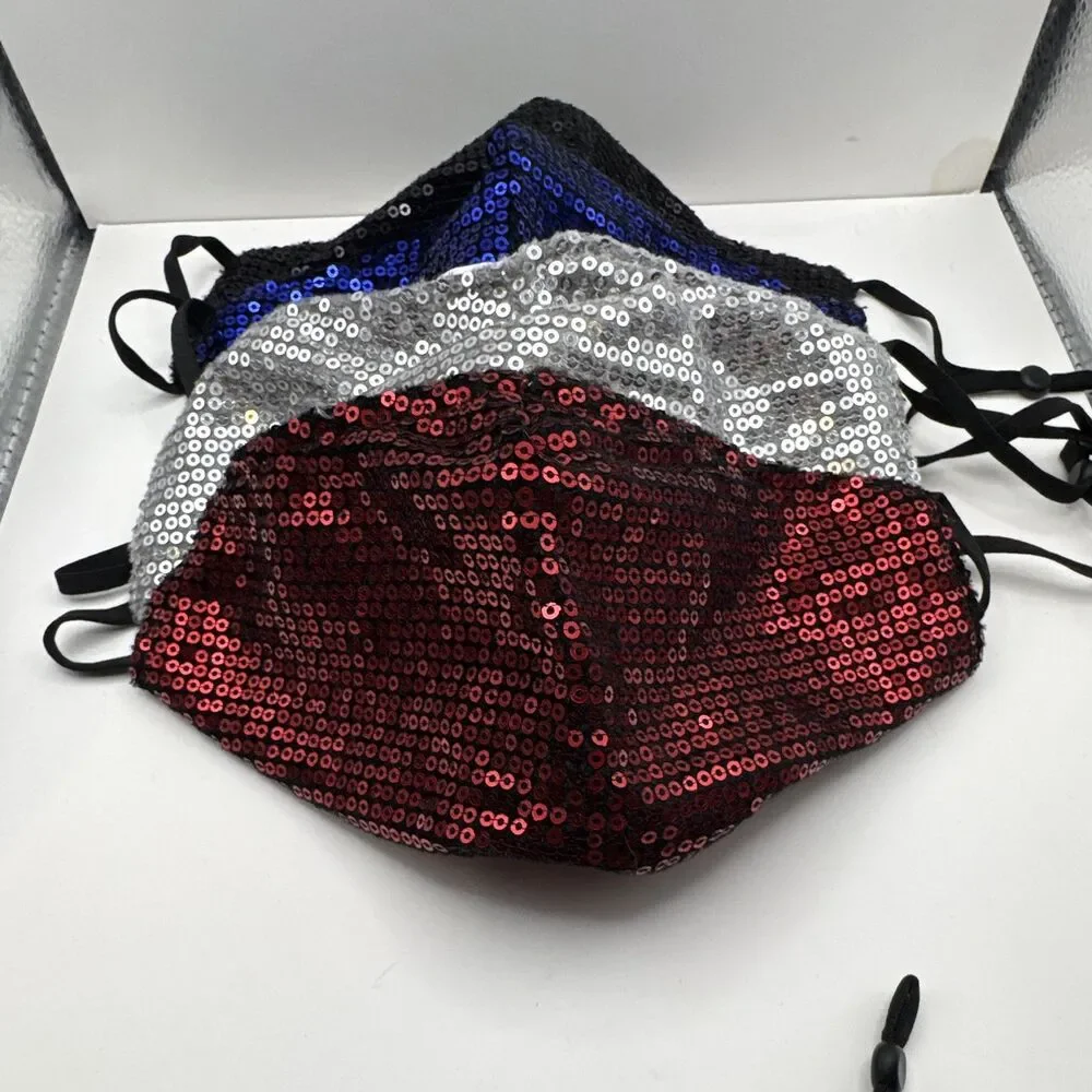 Face Masks Sequin Cloth Face Lot of 6 Adjustable Ear Loops Black Blue Red Silver